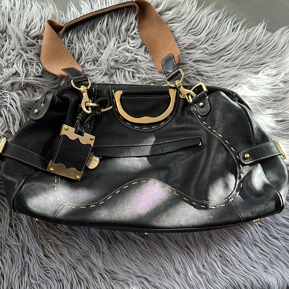 Tracy Reese Black and Gold Quilted Shoulder Bag with Glossy Finish